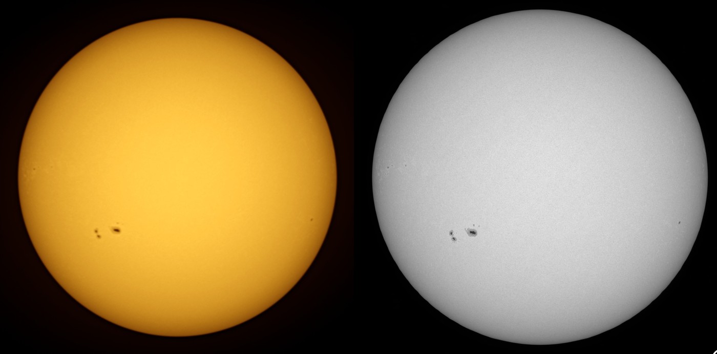 Two pictures of the Sun side by side: ours in yellow-orange, and NASA's SDO image in grey, showing the same sunspots in the same places